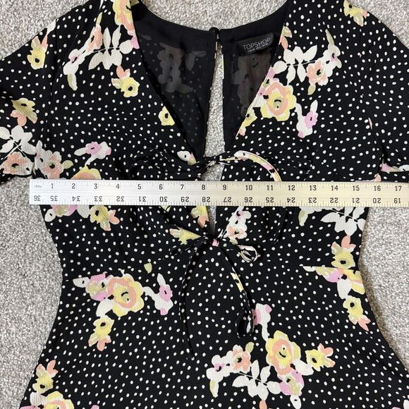Topshop Dress Womens US 6 Black Floral Polka Dot Short Sleeve Fit Flare Bow Tie - Picture 13 of 16